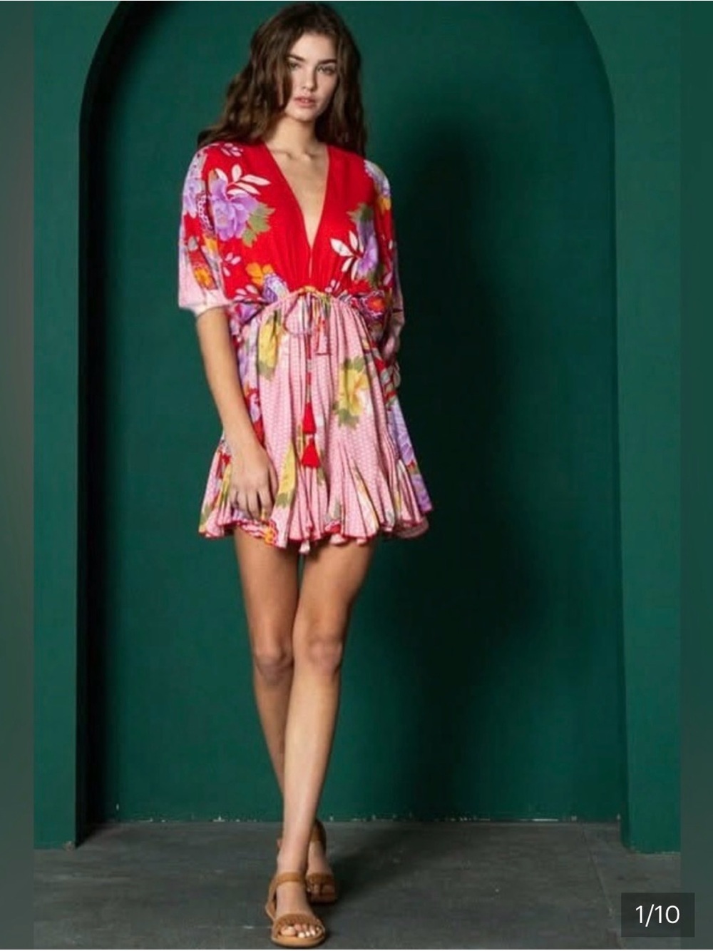Aakaa Red Floral V-Neck Tie-Waist Mini Dress with Pink & Lavender Accents